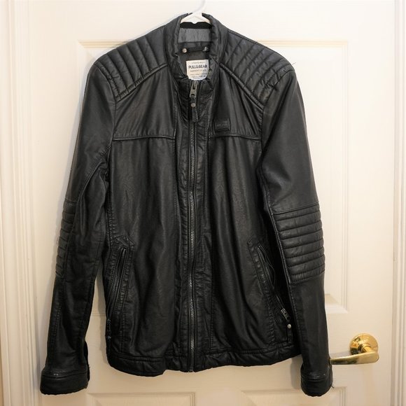 Pull & Bear Men's Soft Leather Full Zip Xray Biker Jacket Black UK Large - Picture 2 of 7